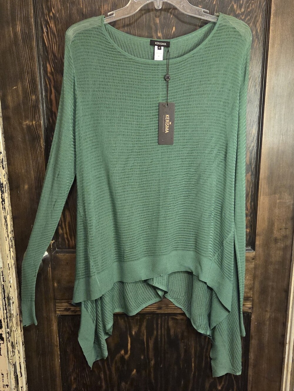 NWT Kerisma Green Open Weave Knit Top w/Ribbed Sharkbite Hemlines Long Sleeves